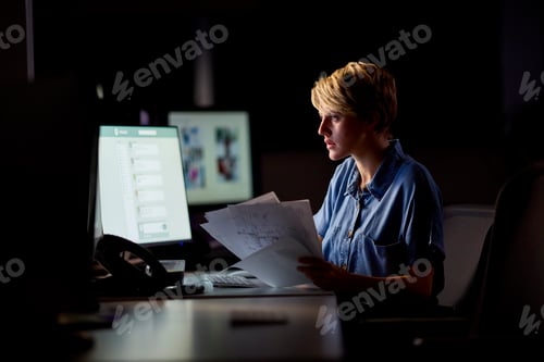 Preview: Businesswoman Working Late In Office With Face Illuminated By Computer Screen