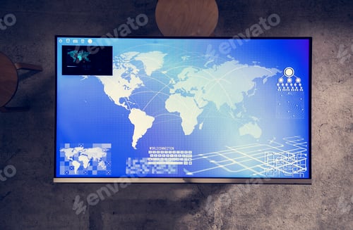Preview: Cyber space table with a world map on screen
