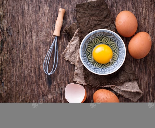 Preview: Raw chicken eggs and whisk