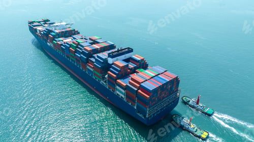 Preview: Stern ship. Cargo Container Ship carrying container and running with tug boat for import