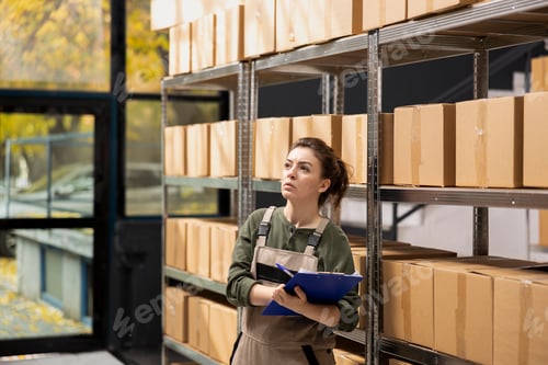 Preview: Staff member in coveralls working with shelving units and packaging supplies