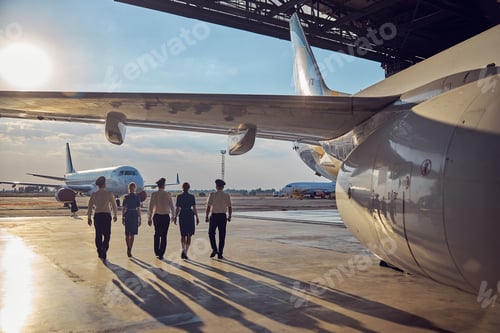 Preview: View of flight staff in the airport isolated on the sun and aircraft