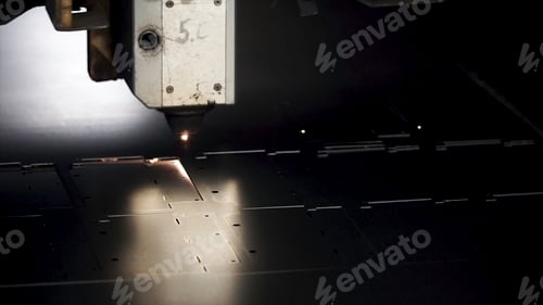 Preview: Cut sheet metal at workshop. Clip. Fiber laser machines for metal cutting close-up. Modern tool in