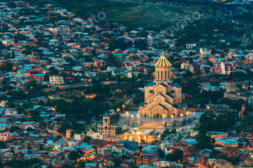 Preview: Tbilisi Georgia. Evening Aerial View Of Illuminated Sameba Complex, Holy Trinity Cathedral, Summer