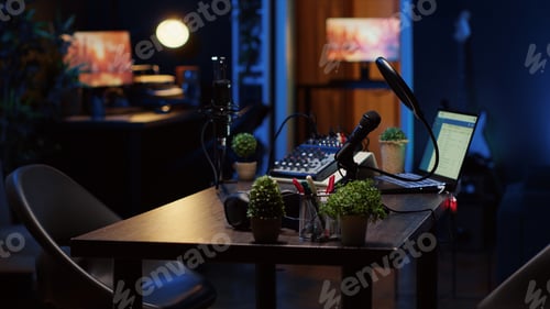 Preview: Empty desk in home production studio with podcast equipment technology