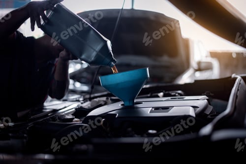 Preview: Mechanic lubricant oil motor level for refueling and pouring oil quality into the engine motor car T