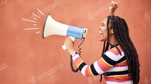 Preview: Megaphone, anger or black woman in protest with speech announcement for politics, equality or human