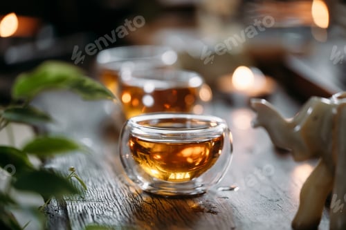 Preview: Beautiful chinese tea in teacup with candle flame decoration