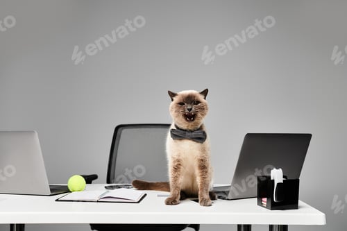Preview: Regal feline perched on workspace