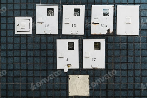 Preview: Electricity supply meters on the dark tiled wall
