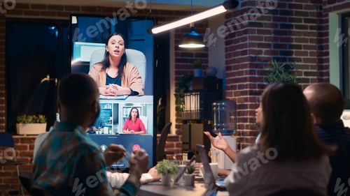Preview: Employees team listening to project manager speaking in videocall
