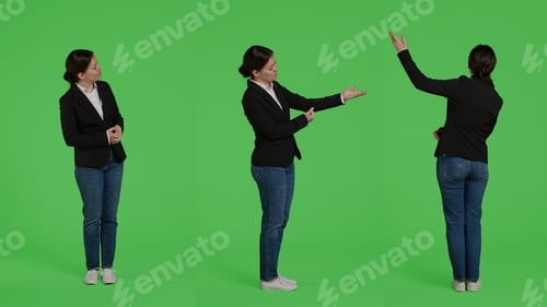 Preview: Caucasian businesswoman advertising presentation sideways