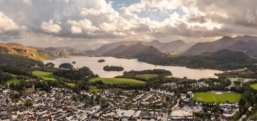 Preview: Aerial view of the lake District town of Keswick and Derwentwater lake