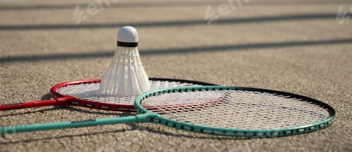 Preview: White badminton shuttlecock and badminton rackets on floor sport badminton. Outdoors. Close up.