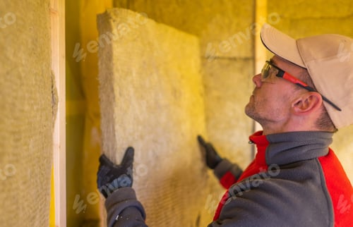 Preview: Insulation Contractor Installing High Temperature Mineral Wool Inside House Walls.