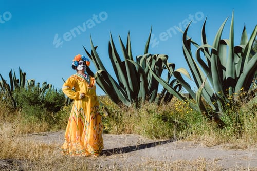Preview: Mexican woman in colorful dress and skull makeup in the mexican desert cactus