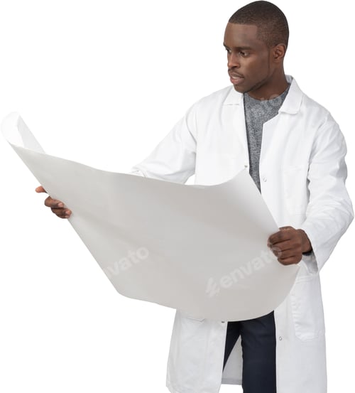 Preview: Man in Lab Coat Inspects Large White Document