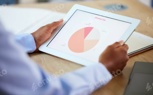 Preview: Business woman, hands or tablet screen of data analytics, global growth research or target audience