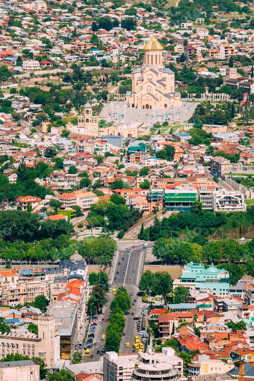 Preview: Tbilisi Georgia. Aerial View Of Baratashvili Bridge, Sameba Comp