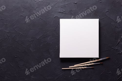Preview: Paint brush and picture frame at black abstract background texture. Paintbrush for oil painting