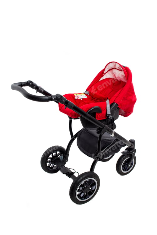 Preview: Baby Stroller with Red Seat on White Background