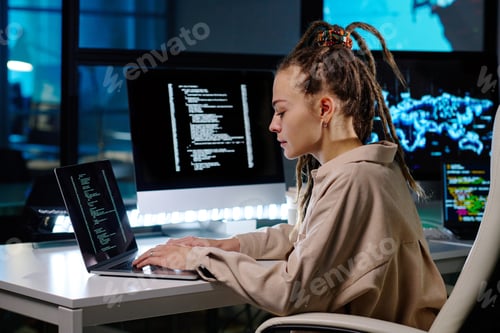 Preview: Young IT engineer sitting in armchair by workplace in dark office