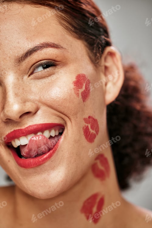 Preview: Beauty woman, lipstick kiss and face of makeup model in studio for cosmetics, love and happiness. H