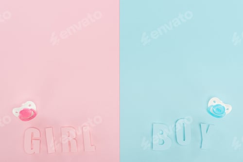 Preview: top view of pacifiers, boy, girl lettering on pink and blue background with copy space