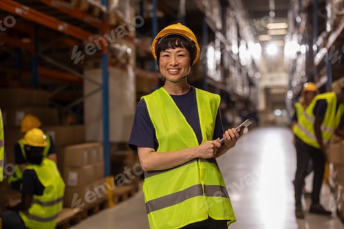 Preview: Female supervisor smiling and holding tablet in warehouse