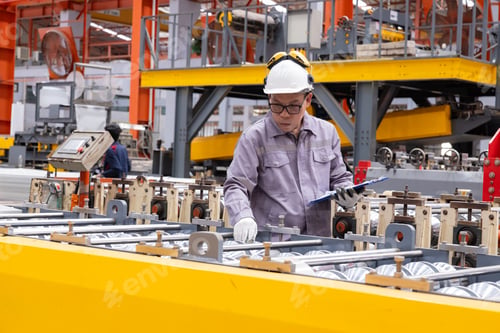 Preview: Engineers Overseeing Metal Sheet Production in Factory