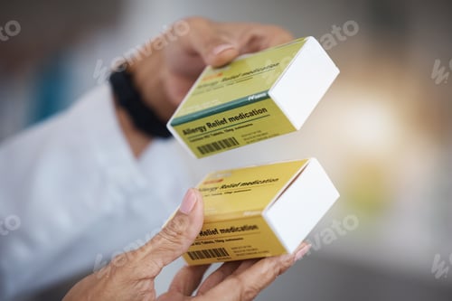 Preview: Pharmacy, pharmacist and hands with allergy medication, pills or box in drugstore or shop. Healthca