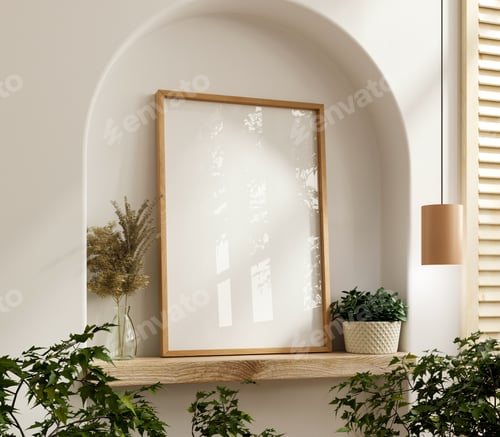 Preview: Poster frame mockup with vertical wooden frame in home interior background