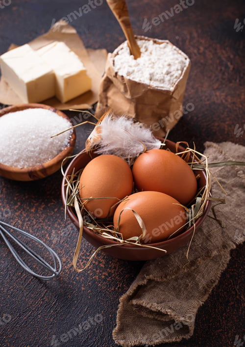 Preview: Ingredients for baking. Butter, eggs, sugar and flour