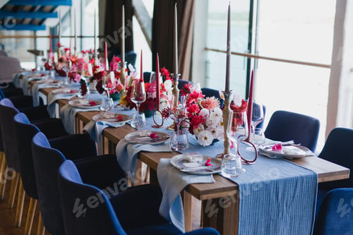 Preview: Coziness and style. Modern event design. Table setting at the wedding reception.