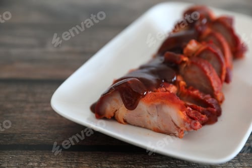 Preview: Roasted Pork Thai Local Food With Red Sauce On Wood Background