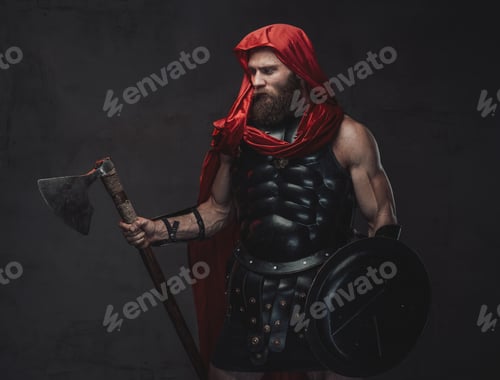 Preview: Dark studio room and rome fighter with axe and shield