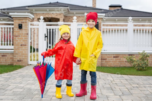 Preview: Children with a colorful rainbow umbrella, waterproof jacket and rubber boots.
