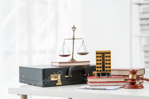 Preview: Property Lawyer desk with gavel and contract paper of attorney, nobody, no people