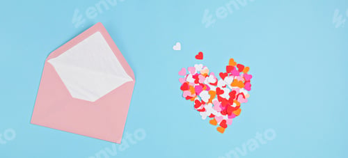 Preview: Hearts confetti and pink envelope. Love, valentine day, mothers day greeting card, gratitude