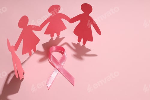 Preview: Paper figures holding hands with a pink ribbon on pink background