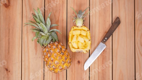 Preview: pineapple fruit and its pieces on a wooden background