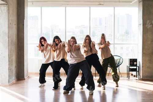 Preview: a female dancers crew doing synchrone moves in the dance studio