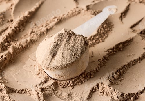 Preview: protein powder in scoop. dry mixture for preparation of sporting or dietary drink.