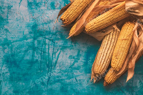 Preview: Harvested corn on the cob on grunge blue background
