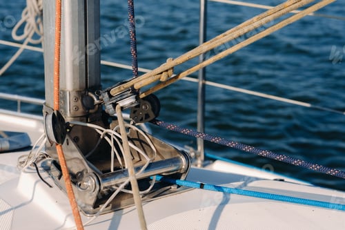 Preview: rope on the winch of a white yacht in the sea.yacht equipment