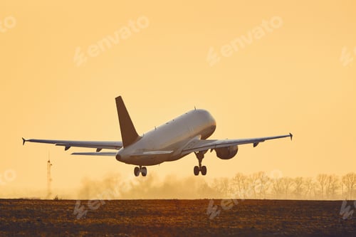 Preview: Airplane taking off at sunset
