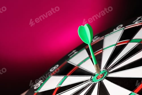 Preview: Green arrow hitting target on dart board against magenta background. Space for text