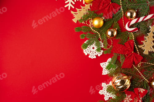 Preview: Christmas decorations background on red with copy space