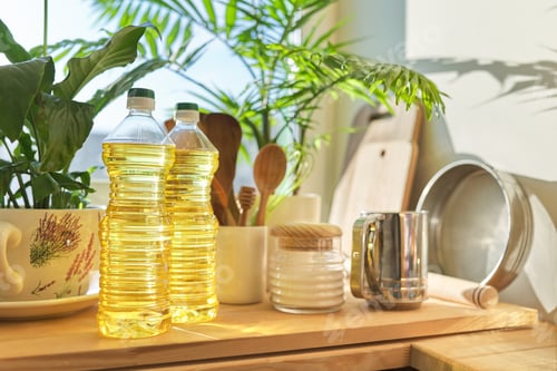 Preview: Kitchen utensils, sunflower oil on wooden table in pantry