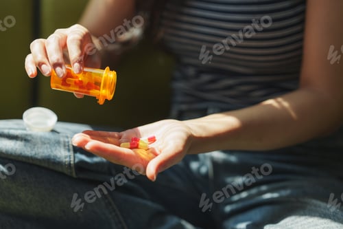 Preview: Woman with Pills and Bottle in Hand